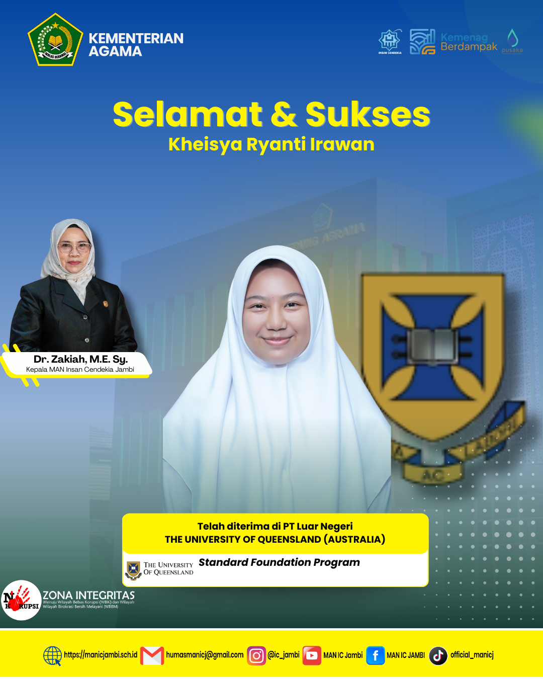 Makin Bersinar di Kancah Global, Kheisya Ryanti Irawan  Diterima di University of Queensland, Australia