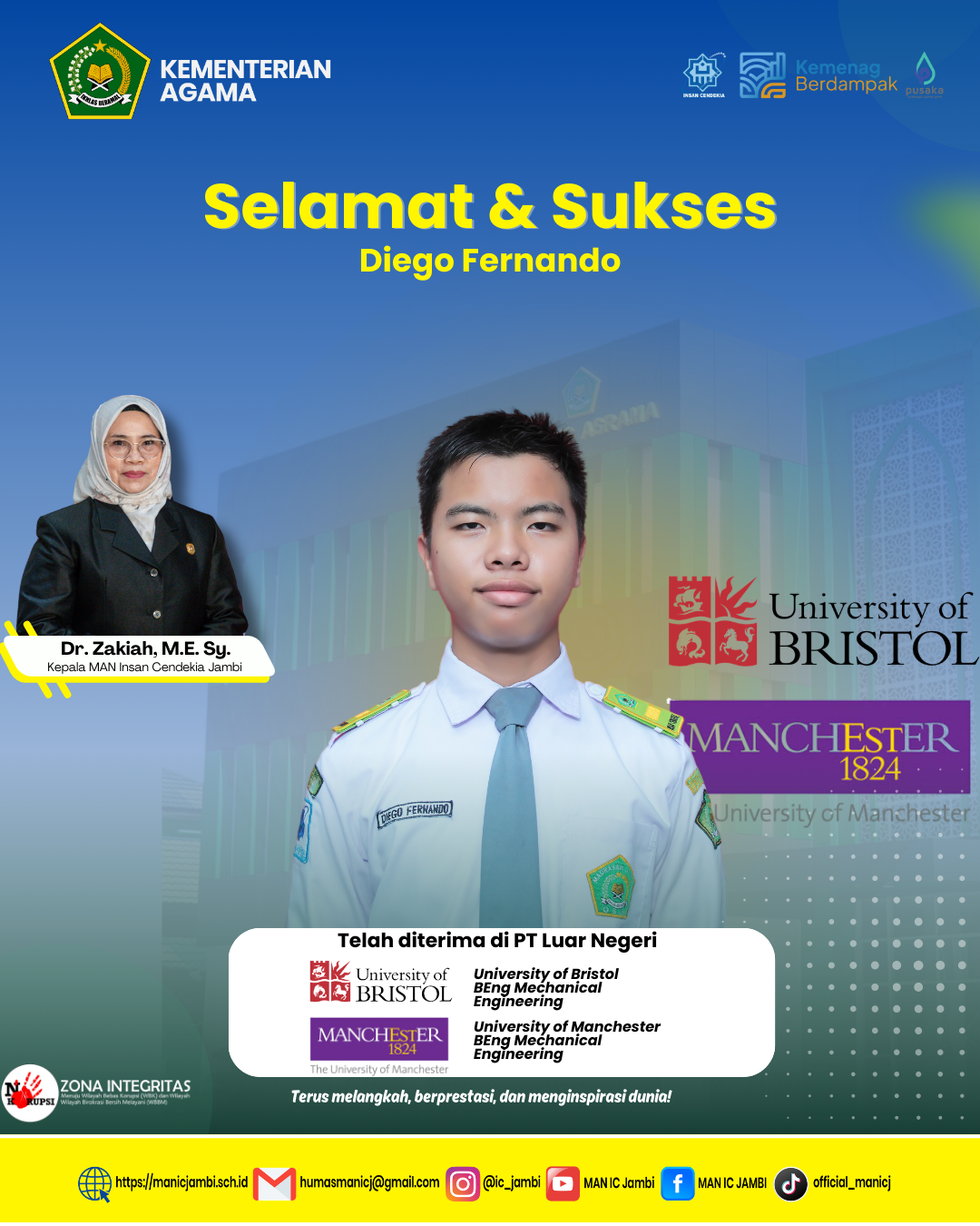 Prestasi Mendunia! Diego Fernando Lolos di Dua Perguruan Tinggi Negeri  Luar Negeri